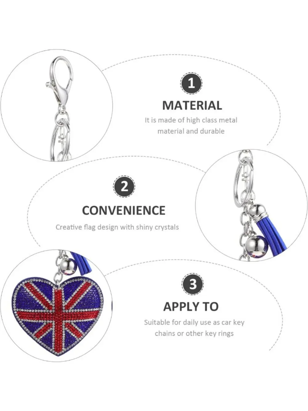 Heart-Shaped Union Jack Rhinestone Keychain Set of 2 | British Flag Bag Charm